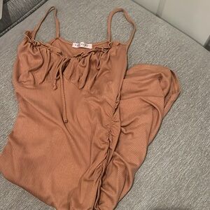 Camel ribbed sleeveless fitted midi dress